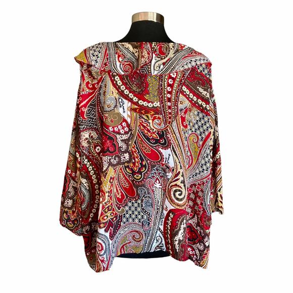 Dressbarn Burgundy Gold Paisley Print Ruffled Collar Chiffon Blouse Size 2X Fall - Picture 5 of 10
